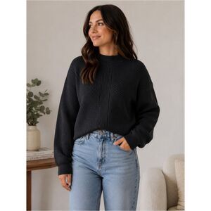 Le Ore Lodi Pointelle Knit Pullover Mock Neck Wool Blend Sweater Dark Shadow XS